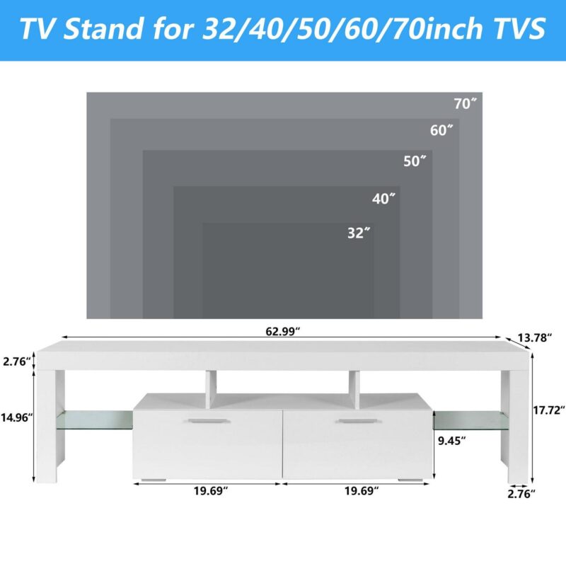 UHOMEPRO TV Stand for TV up to 70 , Living Room Entertainment Center with RGB LED Lights and Storage Shelves Furniture, White High Gloss TV Cabinet Console Table - Image 7