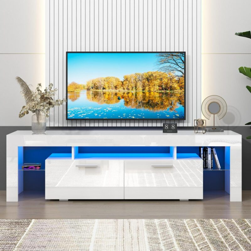 UHOMEPRO TV Stand for TV up to 70 , Living Room Entertainment Center with RGB LED Lights and Storage Shelves Furniture, White High Gloss TV Cabinet Console Table - Image 2