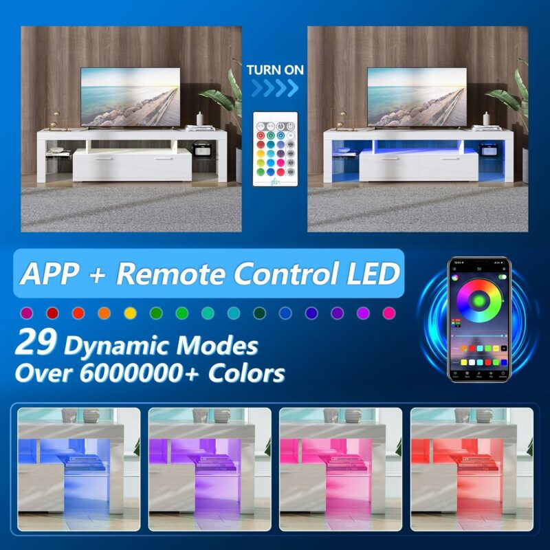 UHOMEPRO TV Stand for TV up to 70 , Living Room Entertainment Center with RGB LED Lights and Storage Shelves Furniture, White High Gloss TV Cabinet Console Table - Image 4