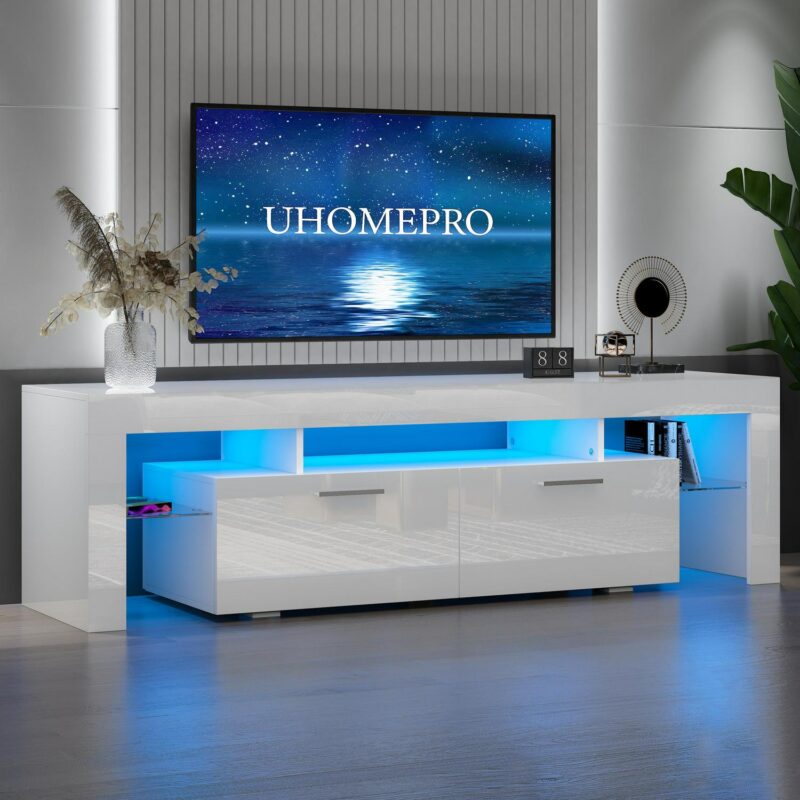UHOMEPRO TV Stand for TV up to 70 , Living Room Entertainment Center with RGB LED Lights and Storage Shelves Furniture, White High Gloss TV Cabinet Console Table - Image 3