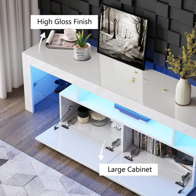 UHOMEPRO TV Stand for TV up to 70 , Living Room Entertainment Center with RGB LED Lights and Storage Shelves Furniture, White High Gloss TV Cabinet Console Table - Image 5