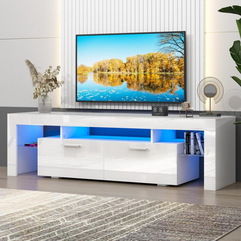 UHOMEPRO TV Stand for TV up to 70 , Living Room Entertainment Center with RGB LED Lights and Storage Shelves Furniture, White High Gloss TV Cabinet Console Table