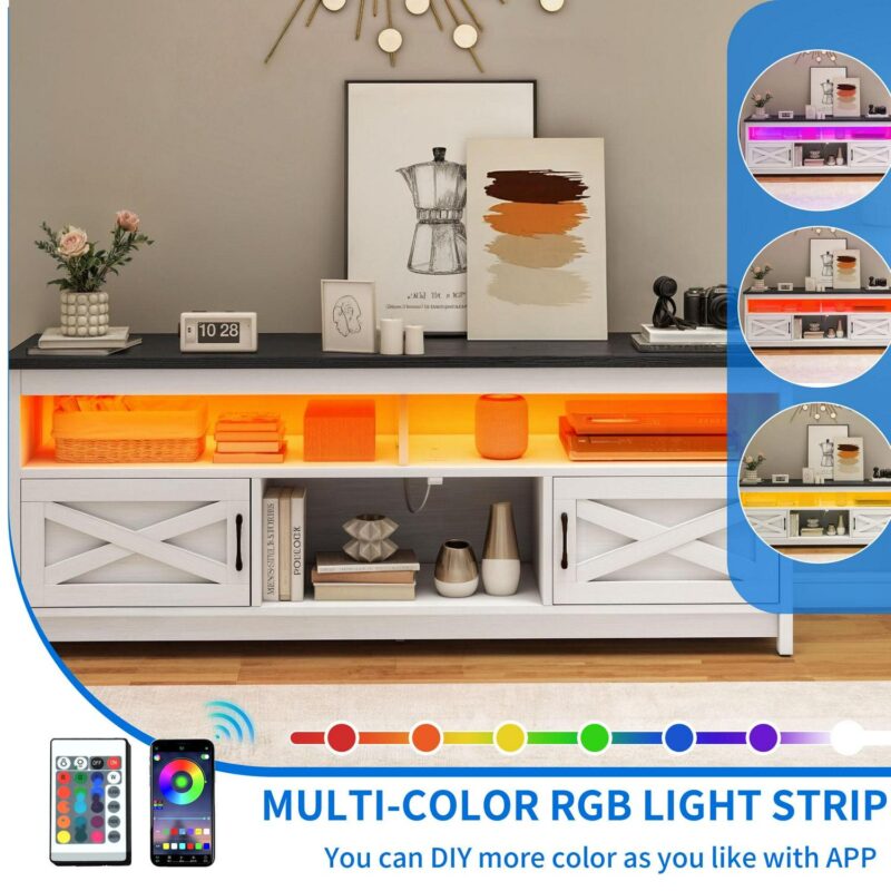 Uforic Farmhouse LED TV Stand with Power Outlet, Media Entertainment Center Console for 75 Inch TV, Black and White - Image 4