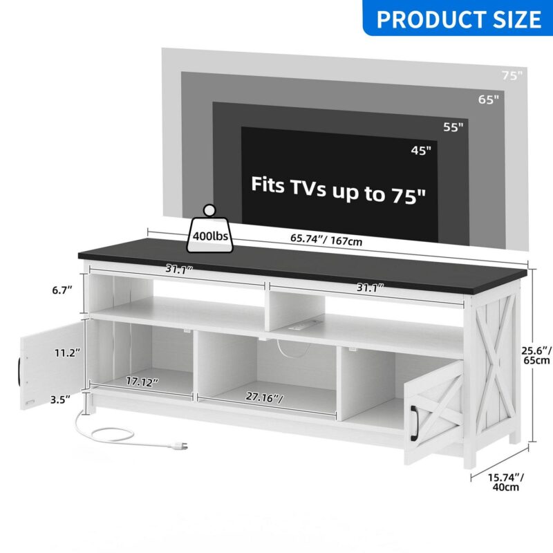 Uforic Farmhouse LED TV Stand with Power Outlet, Media Entertainment Center Console for 75 Inch TV, Black and White - Image 5