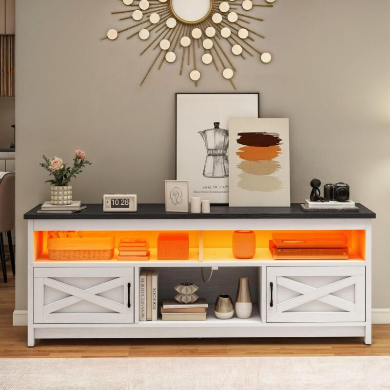 Uforic Farmhouse LED TV Stand with Power Outlet, Media Entertainment Center Console for 75 Inch TV, Black and White - Image 2