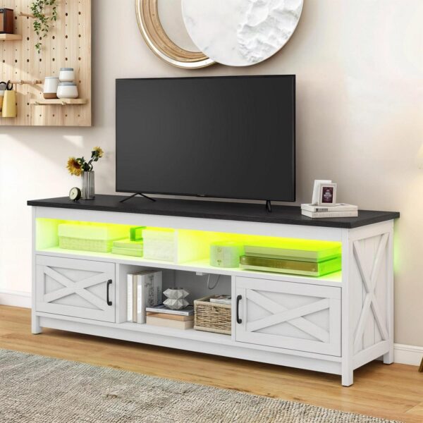 Uforic Farmhouse LED TV Stand with Power Outlet, Media Entertainment Center Console for 75 Inch TV, Black and White