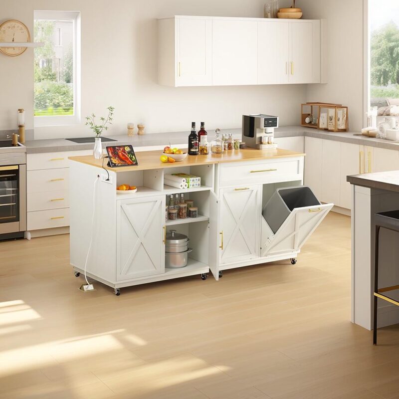 Uforic Kitchen Storage Cart with 2 Tilt Out Trash Can, Rolling Kitchen Island with Power Outlets and Drawers, White - Image 4