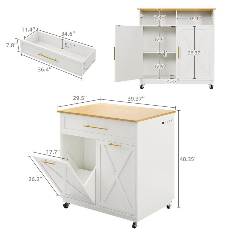 Uforic Kitchen Storage Cart with 2 Tilt Out Trash Can, Rolling Kitchen Island with Power Outlets and Drawers, White - Image 5