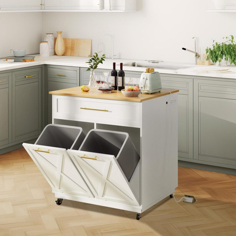 Uforic Kitchen Storage Cart with 2 Tilt Out Trash Can, Rolling Kitchen Island with Power Outlets and Drawers, White