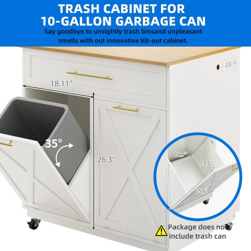 Uforic Kitchen Storage Cart with 2 Tilt Out Trash Can, Rolling Kitchen Island with Power Outlets and Drawers, White - Image 7