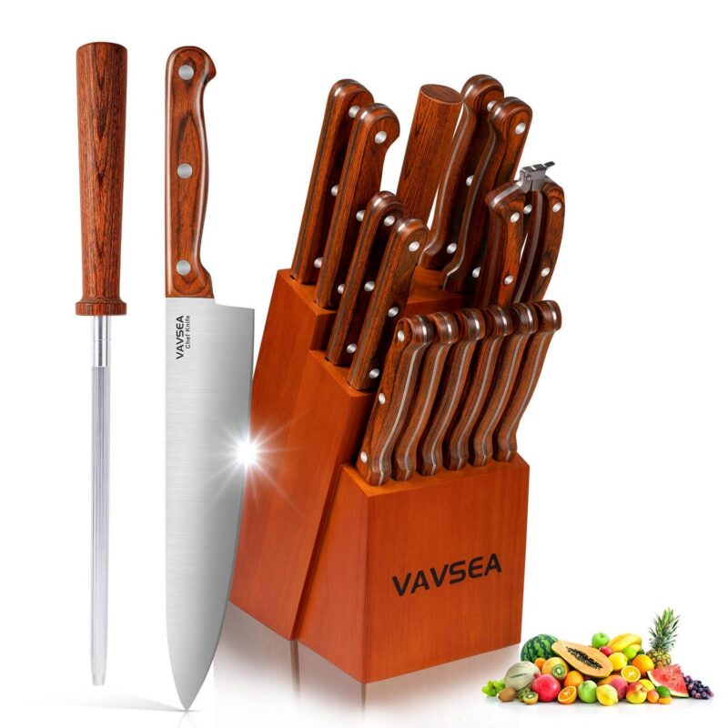VAVSEA Knife Block Set, 16 Pieces Kitchen Knife Set with Block, Stainless Steel Knife Set for Gift, Home