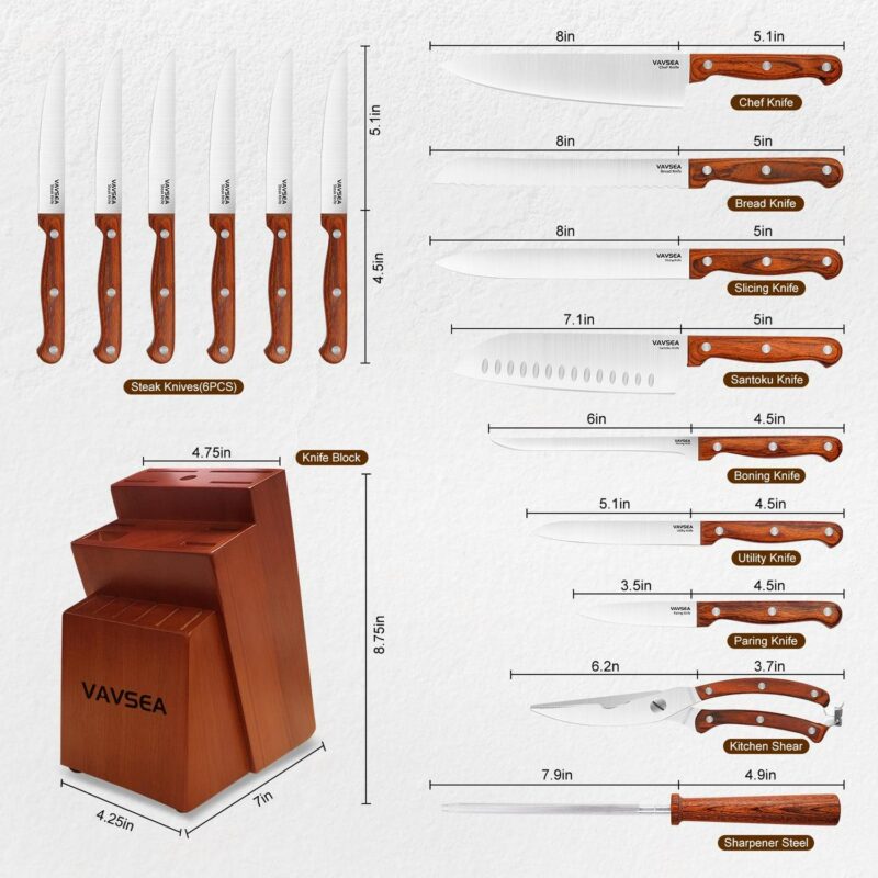 VAVSEA Knife Block Set, 16 Pieces Kitchen Knife Set with Block, Stainless Steel Knife Set for Gift, Home - Image 4