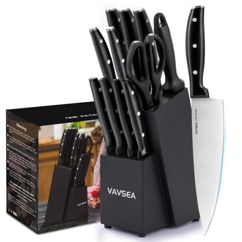 VAVSEA Knife Block Set,12 Pcs German Stainless Steel Kitchen Knife Set with Block, Knives Set with Self Sharpening, Dishwasher Safe, Anti-slip Handle, Black