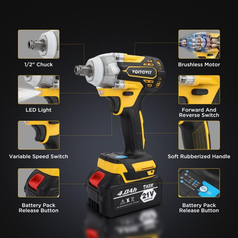 VQJTCVLY Brushless impact driver, 21V Cordless impact wrench 1/2 Inch, 2 A 4.0Ah impact drill tool set, 5 Sockets, 7 Drill, 6 Screws for Car Home Truck Mower Father Dad Husband, Yellow - Image 2