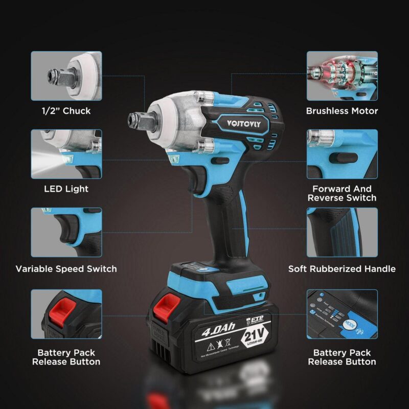 VQJTCVLY Brushless impact driver, 21V Cordless impact wrench 1/2 Inch, 2 A 4.0Ah impact drill tool set, 5 Sockets,7 Drill,6 Screws for Car Home Truck Mower Father Dad Husband, Blue - Image 2