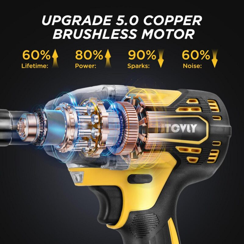 VQJTCVLY Brushless impact driver, 21V Cordless impact wrench 1/2 Inch, 2 A 4.0Ah impact drill tool set, 5 Sockets, 7 Drill, 6 Screws for Car Home Truck Mower Father Dad Husband, Yellow - Image 4