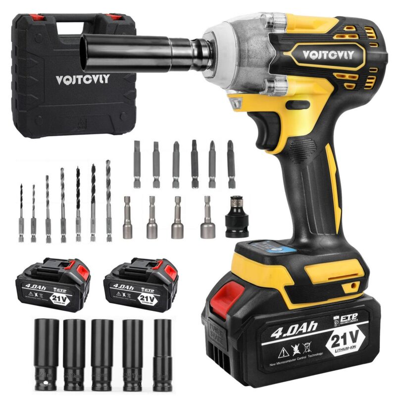 VQJTCVLY Brushless impact driver, 21V Cordless impact wrench 1/2 Inch, 2 A 4.0Ah impact drill tool set, 5 Sockets, 7 Drill, 6 Screws for Car Home Truck Mower Father Dad Husband, Yellow