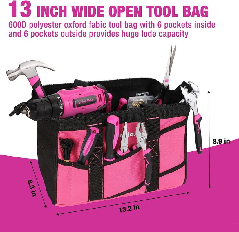 ValueMax Home Tool Kit with Drill, 233-Pieces Pink Tool Set with Cordless Lithium-ion Drill, Power Tool Set with Wide Mouth Open Storage Bag, Basic Drill Sets Combo Kit for DIY and Daily Repair - Image 7
