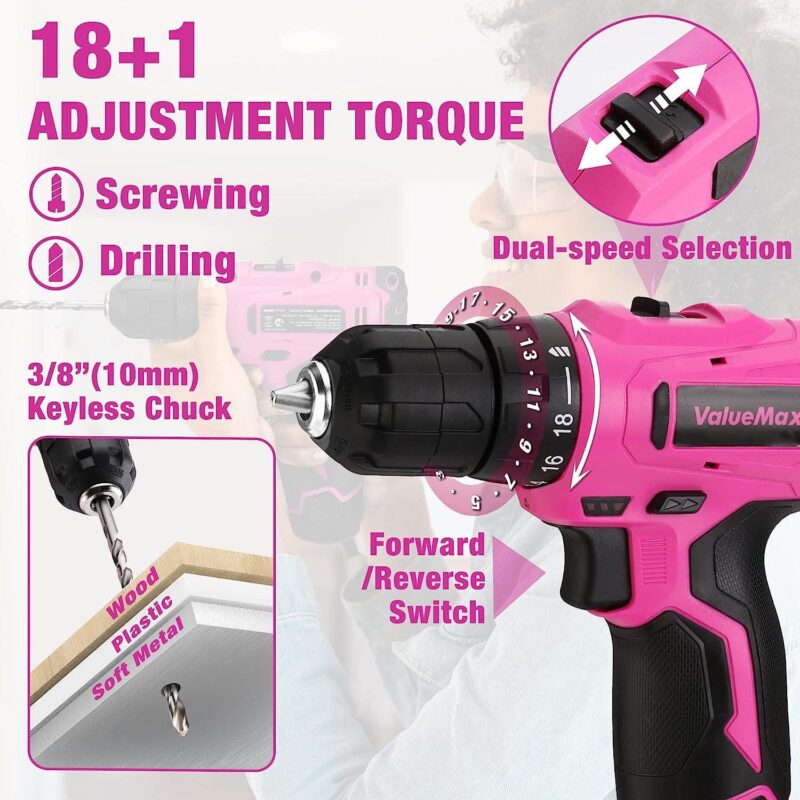ValueMax Home Tool Kit with Drill, 233-Pieces Pink Tool Set with Cordless Lithium-ion Drill, Power Tool Set with Wide Mouth Open Storage Bag, Basic Drill Sets Combo Kit for DIY and Daily Repair - Image 5