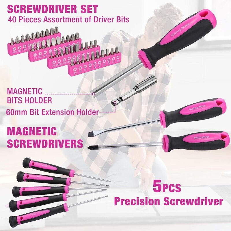 ValueMax Home Tool Kit with Drill, 233-Pieces Pink Tool Set with Cordless Lithium-ion Drill, Power Tool Set with Wide Mouth Open Storage Bag, Basic Drill Sets Combo Kit for DIY and Daily Repair - Image 6