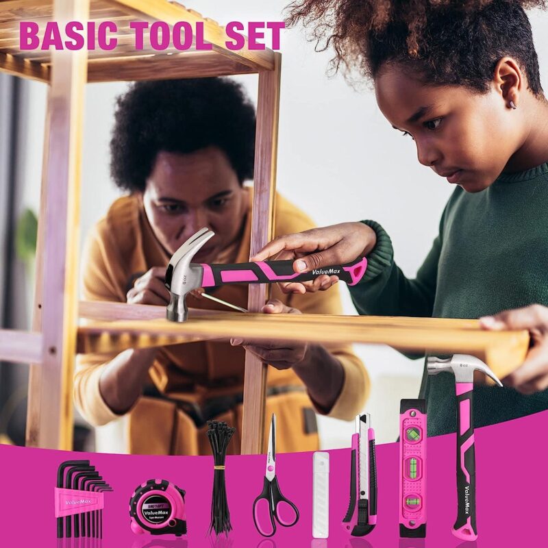 ValueMax Home Tool Kit with Drill, 233-Pieces Pink Tool Set with Cordless Lithium-ion Drill, Power Tool Set with Wide Mouth Open Storage Bag, Basic Drill Sets Combo Kit for DIY and Daily Repair - Image 2