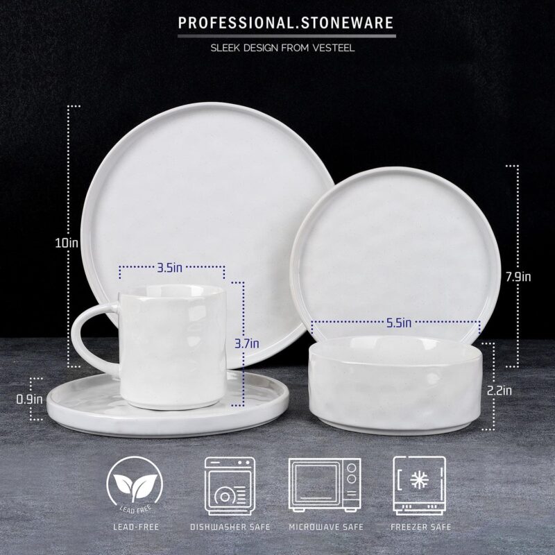 Vesteel Dinnerware Sets, 16-Piece Stoneware Plates and Bowls Set, Dishes Set for 4, Elegant Ceramic Dinnerware for Home Restaurant - Speckled White - Image 2