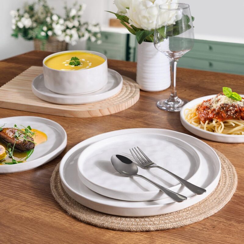 Vesteel Dinnerware Sets, 12-Piece Stoneware Plates and Bowls Set, Dishes Set for 4, Elegant Ceramic Dinnerware for Home Restaurant - Speckled White - Image 8