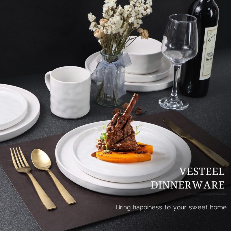 Vesteel Dinnerware Sets, 16-Piece Stoneware Plates and Bowls Set, Dishes Set for 4, Elegant Ceramic Dinnerware for Home Restaurant - Speckled White - Image 7