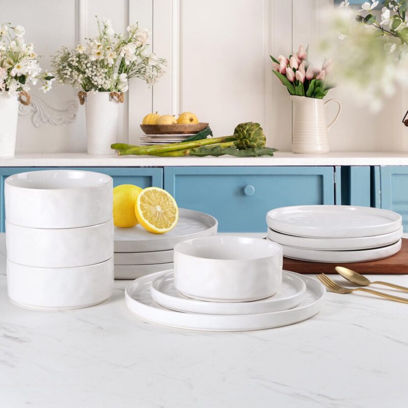 Vesteel Dinnerware Sets, 12-Piece Stoneware Plates and Bowls Set, Dishes Set for 4, Elegant Ceramic Dinnerware for Home Restaurant - Speckled White - Image 2