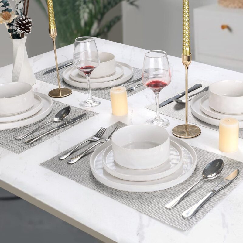 Vesteel Dinnerware Sets, 12-Piece Stoneware Plates and Bowls Set, Dishes Set for 4, Elegant Ceramic Dinnerware for Home Restaurant - Speckled White - Image 3