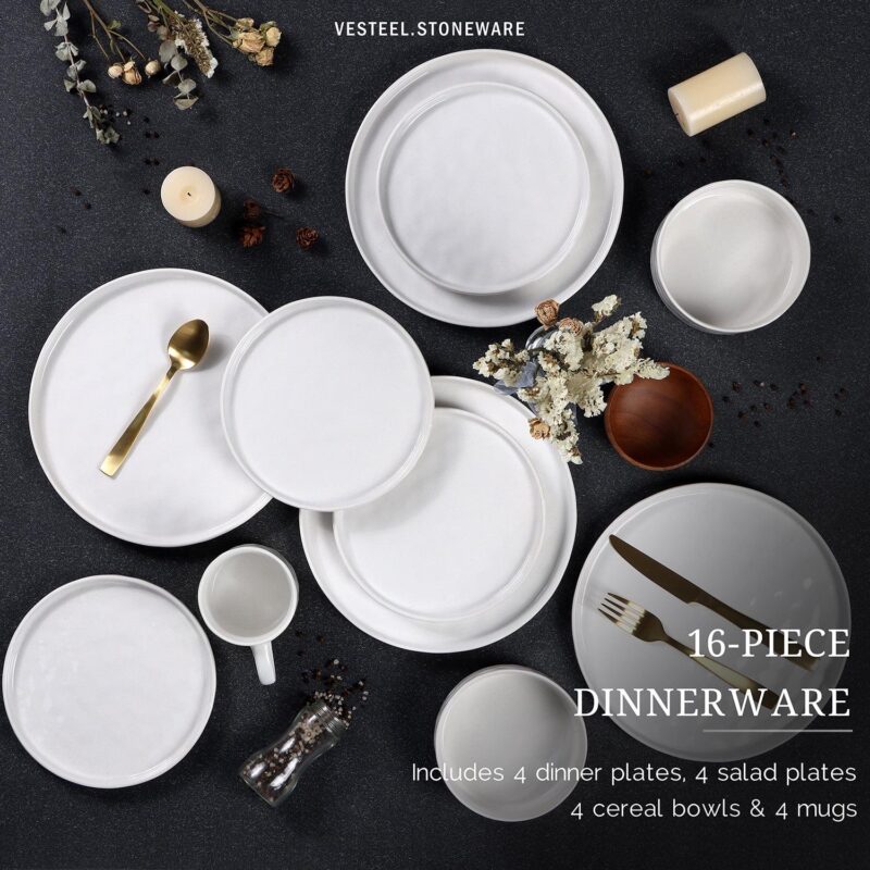 Vesteel Dinnerware Sets, 16-Piece Stoneware Plates and Bowls Set, Dishes Set for 4, Elegant Ceramic Dinnerware for Home Restaurant - Speckled White - Image 3