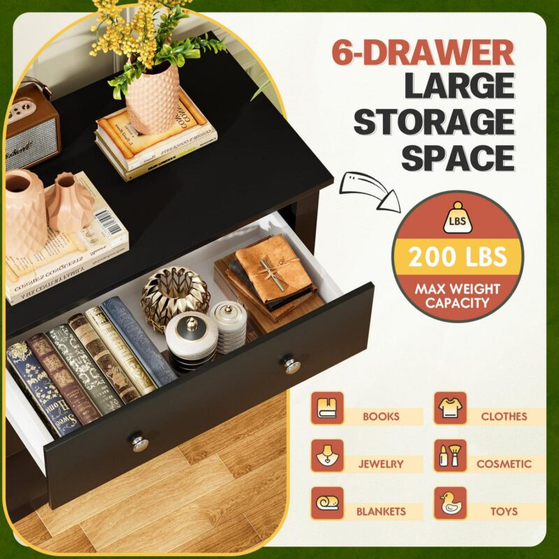 Vineego Double Dresser for Bedroom,6-Drawer Wide Chest of Drawers,Traditional Bedroom Dresser,Black - Image 4