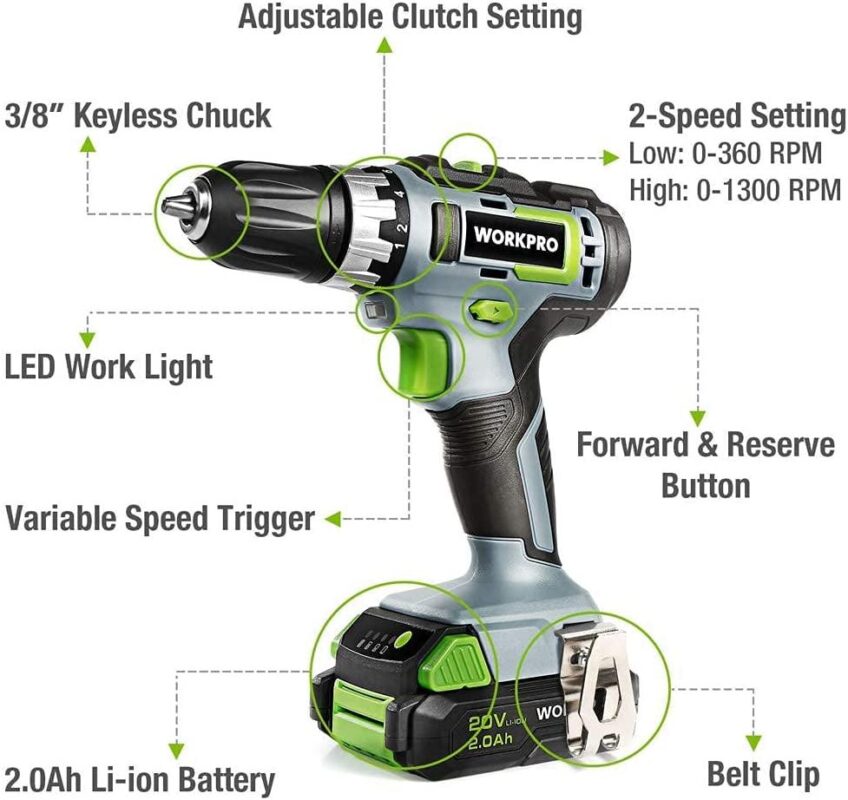 WORKPRO 20V Cordless Drill/Driver Kit, 3/8a , 18+2 Torque Setting, Variable Speed, 2.0 Ah Li-Ion Battery and 1 Hour Fast Charger - Image 4