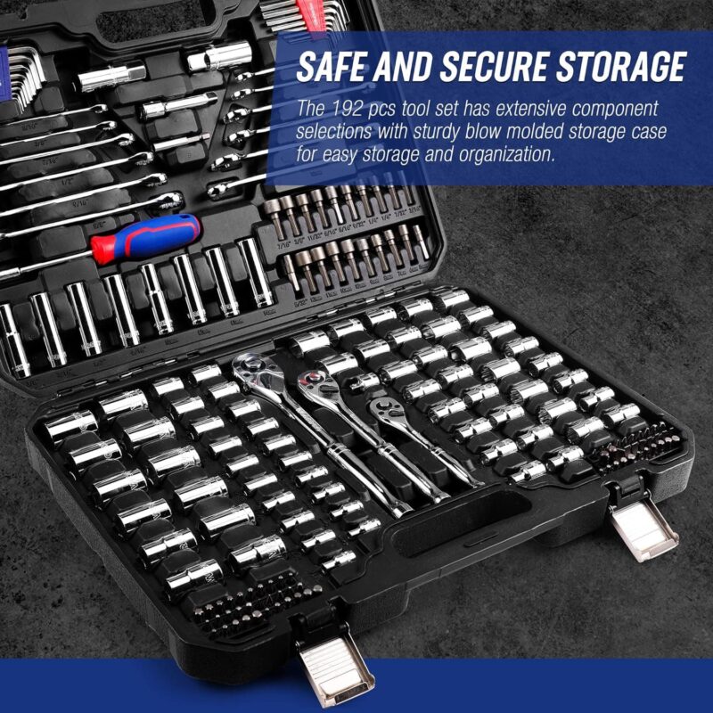 WORKPRO Mechanics Tools Kit and Socket Set, 192-Piece, SAE&Metric, 1/2'', 1/4'', 3/8'' Drive Socket Ratchet Wrench Set with Molded Case - Image 7