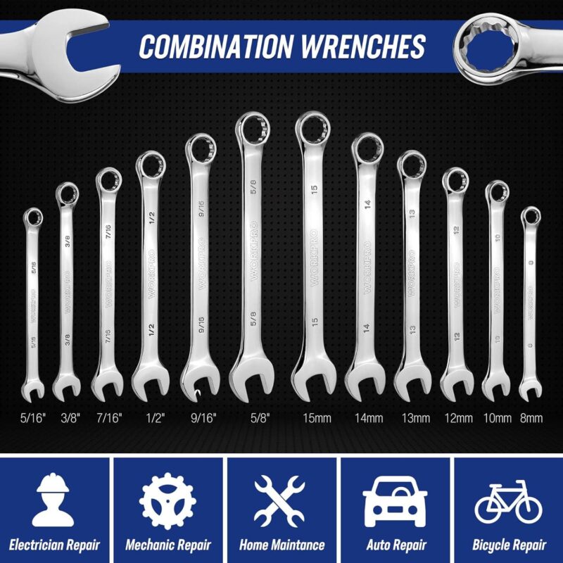 WORKPRO Mechanics Tools Kit and Socket Set, 192-Piece, SAE&Metric, 1/2'', 1/4'', 3/8'' Drive Socket Ratchet Wrench Set with Molded Case - Image 5