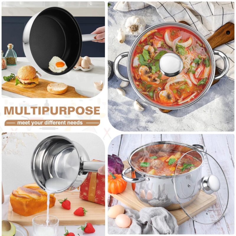 Walchoice 13-Piece Stainless Steel Cookware Set, Kitchen Pots and Pans Set with Glass Lid for Cooking, Induction and Dishwasher Safe, Silver - Image 7