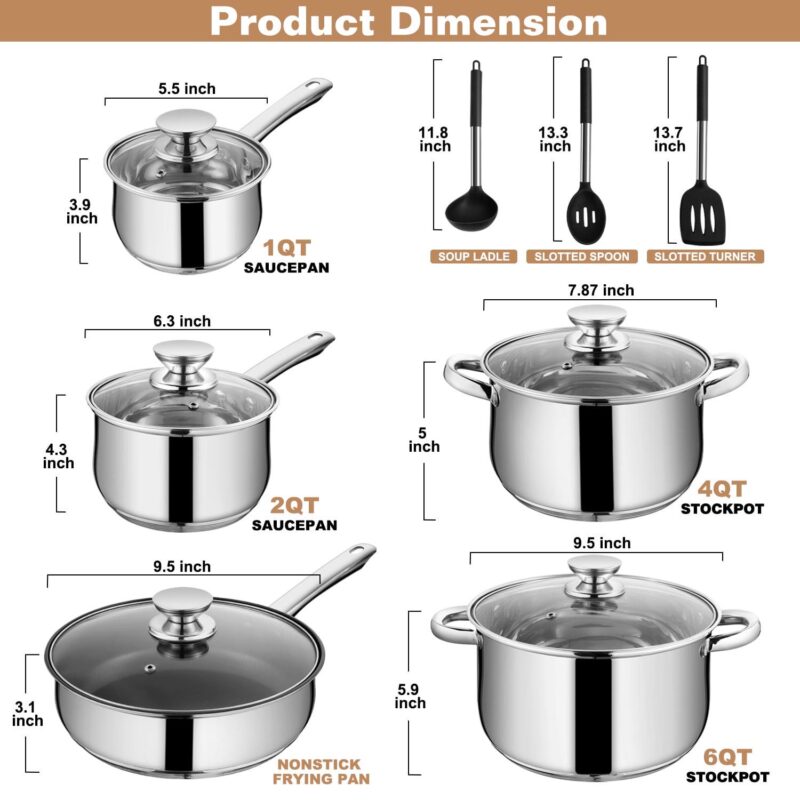 Walchoice 13-Piece Stainless Steel Cookware Set, Kitchen Pots and Pans Set with Glass Lid for Cooking, Induction and Dishwasher Safe, Silver - Image 2