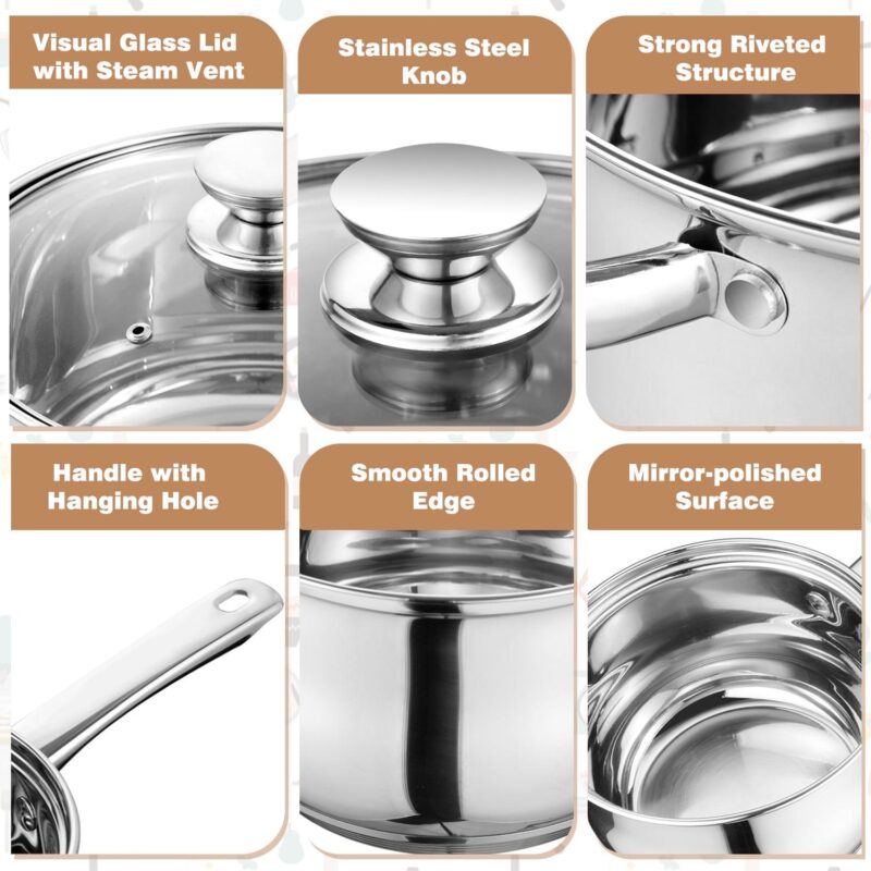 Walchoice 13-Piece Stainless Steel Cookware Set, Kitchen Pots and Pans Set with Glass Lid for Cooking, Induction and Dishwasher Safe, Silver - Image 3