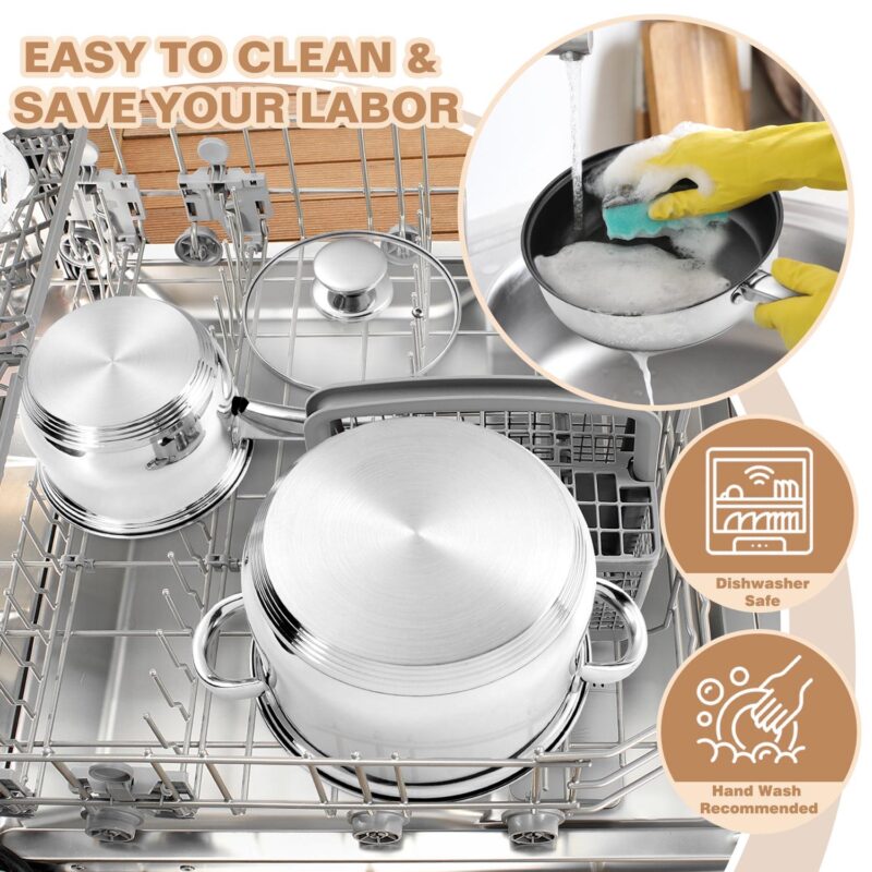Walchoice 13-Piece Stainless Steel Cookware Set, Kitchen Pots and Pans Set with Glass Lid for Cooking, Induction and Dishwasher Safe, Silver - Image 6