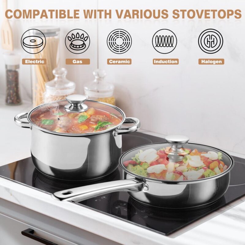 Walchoice 13-Piece Stainless Steel Cookware Set, Kitchen Pots and Pans Set with Glass Lid for Cooking, Induction and Dishwasher Safe, Silver - Image 5