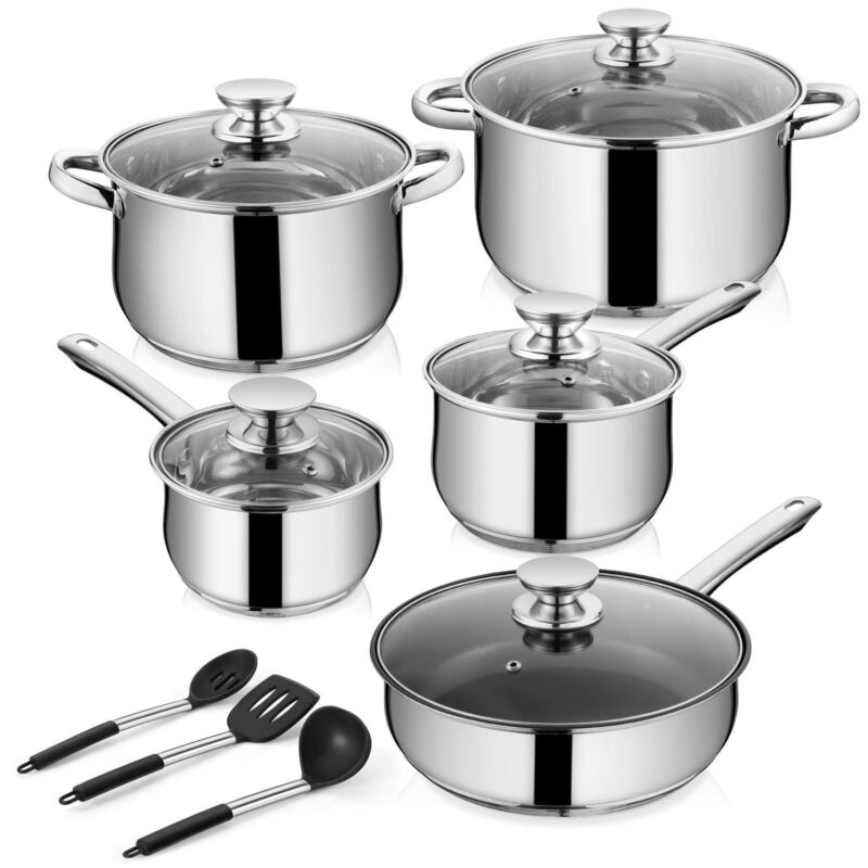 Walchoice 13-Piece Stainless Steel Cookware Set, Kitchen Pots and Pans Set with Glass Lid for Cooking, Induction and Dishwasher Safe, Silver