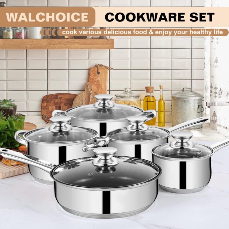 Walchoice 13-Piece Stainless Steel Cookware Set, Kitchen Pots and Pans Set with Glass Lid for Cooking, Induction and Dishwasher Safe, Silver - Image 8