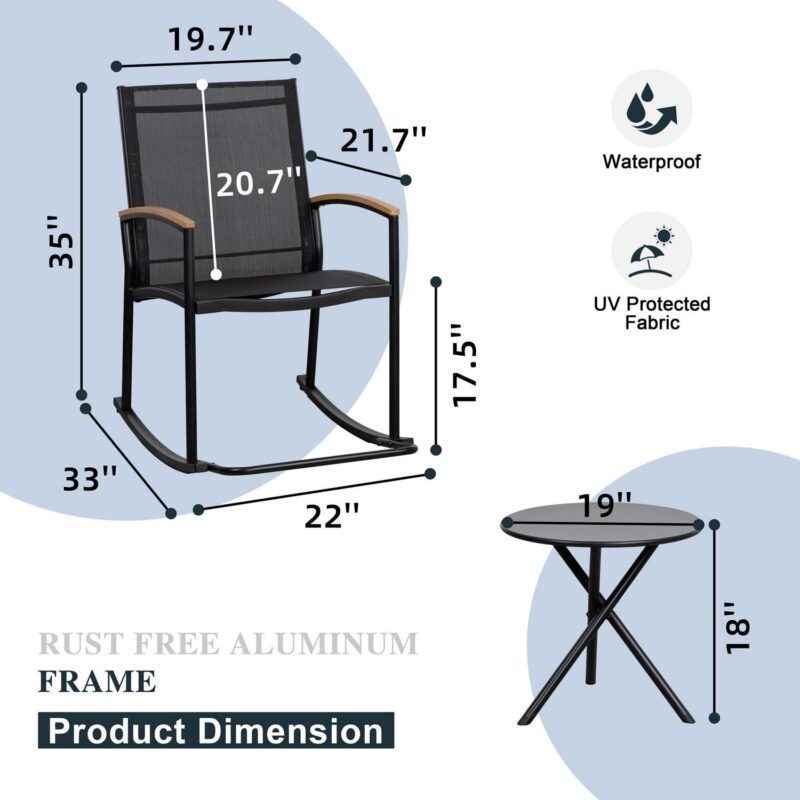 Walsunny 3 Pieces Patio Set Outdoor Patio Furniture Sets Modern Rocking Bistro Set Textilene Chair Conversation Sets Black - Image 2