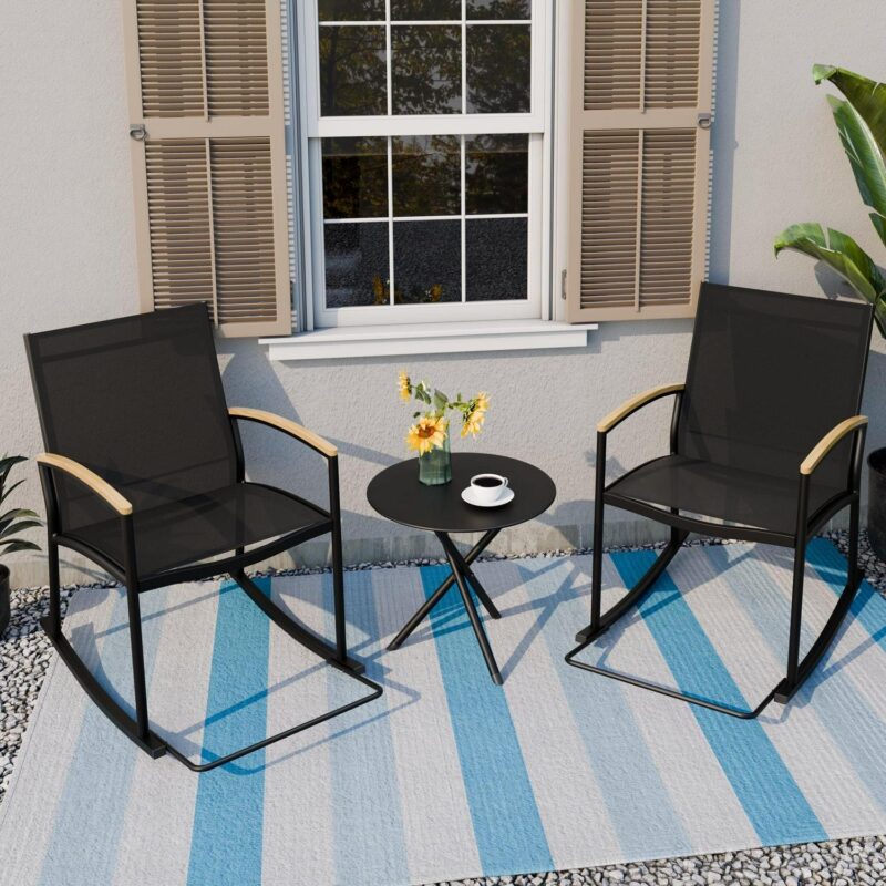 Walsunny 3 Pieces Patio Set Outdoor Patio Furniture Sets Modern Rocking Bistro Set Textilene Chair Conversation Sets Black - Image 6