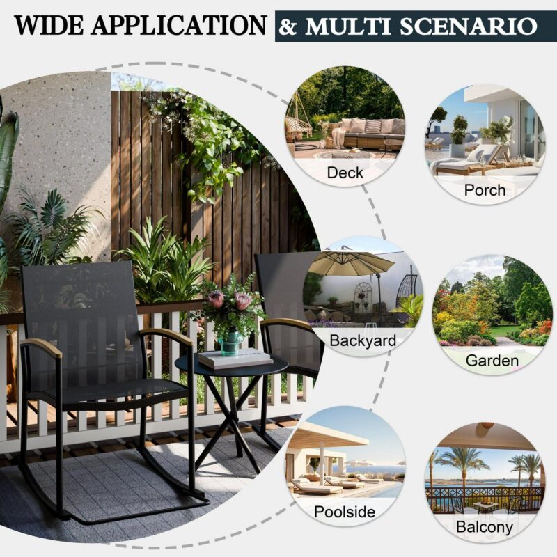 Walsunny 3 Pieces Patio Set Outdoor Patio Furniture Sets Modern Rocking Bistro Set Textilene Chair Conversation Sets Black - Image 8