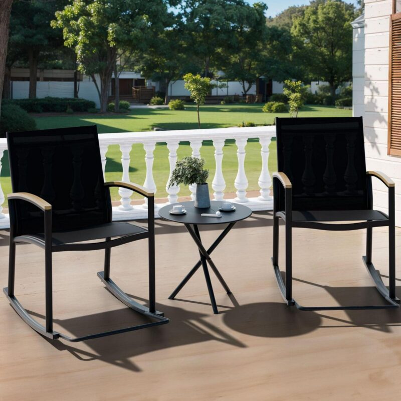 Walsunny 3 Pieces Patio Set Outdoor Patio Furniture Sets Modern Rocking Bistro Set Textilene Chair Conversation Sets Black - Image 4