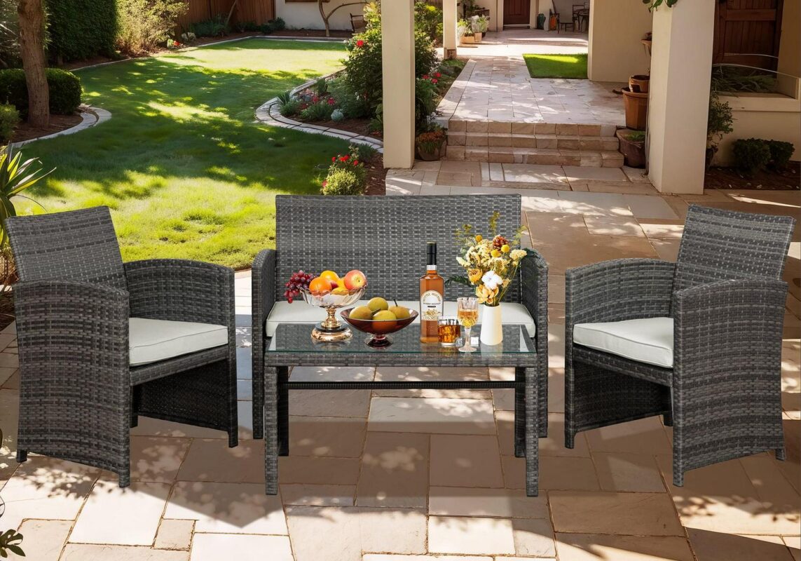 Walsunny 4 Piece Patio Ratten Set Outdoor Furniture Set Wicker Conversation Set with Cushions and Tempered Glass Tabletop - Image 12