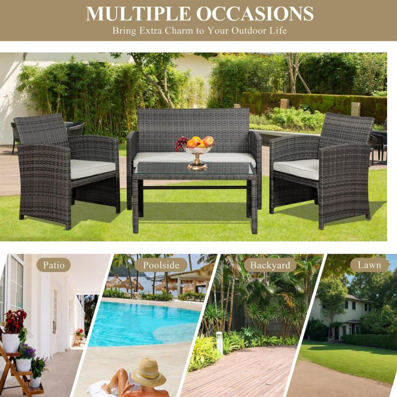 Walsunny 4 Piece Patio Ratten Set Outdoor Furniture Set Wicker Conversation Set with Cushions and Tempered Glass Tabletop - Image 6