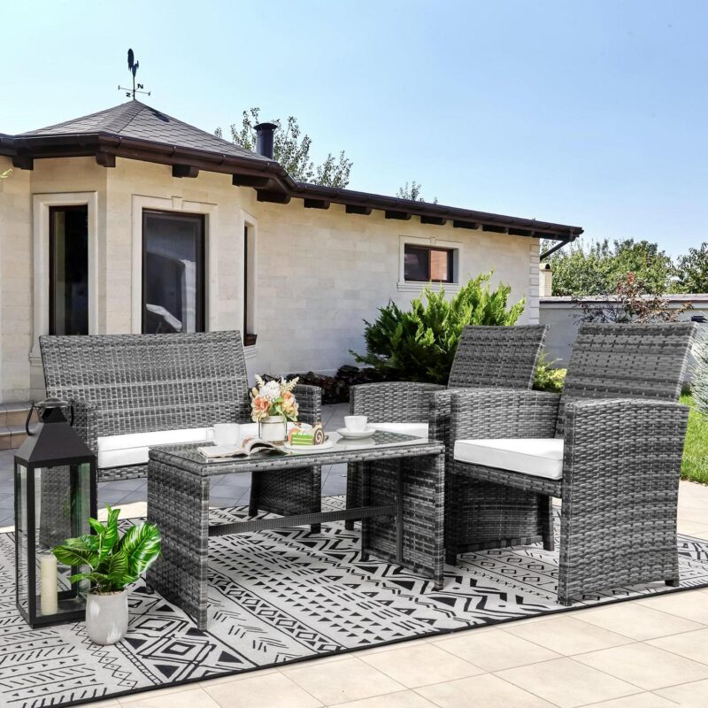 Walsunny 4 Piece Patio Ratten Set Outdoor Furniture Set Wicker Conversation Set with Cushions and Tempered Glass Tabletop - Image 8