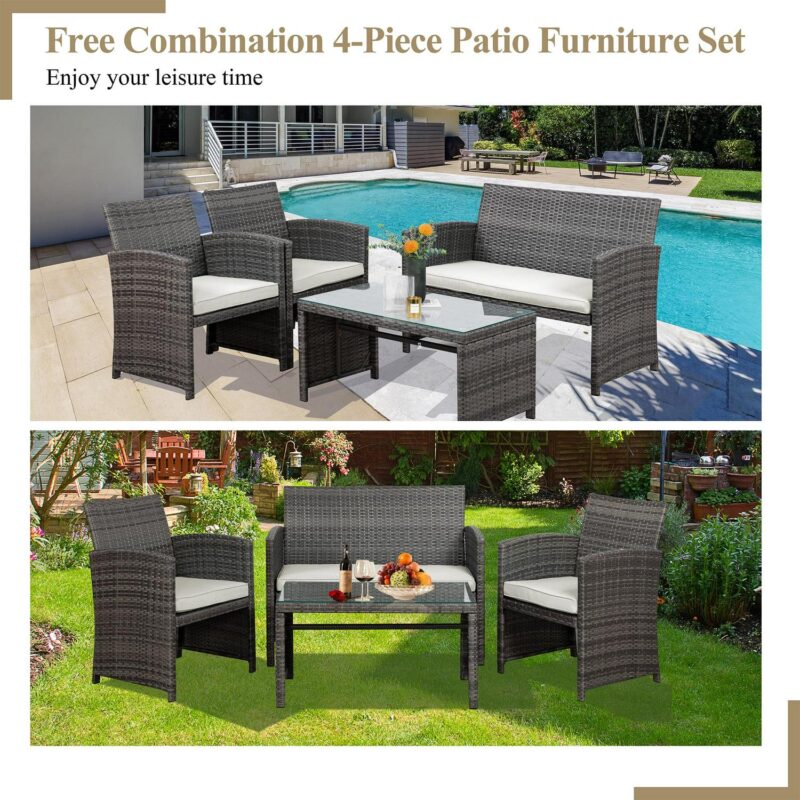 Walsunny 4 Piece Patio Ratten Set Outdoor Furniture Set Wicker Conversation Set with Cushions and Tempered Glass Tabletop - Image 7